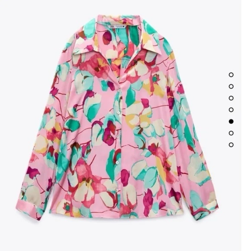 Zara Pink Floral Silky Button Up Blouse Size Medium